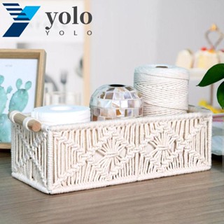 Yolo ตะกร้ากระดาษชําระ เชือกฝ้าย สีขาว|ตะกร้าสาน ทรงสี่เหลี่ยมผืนผ้า อเนกประสงค์ มี 2 ขนาด พร้อมที่จับ สําหรับใส่ผลไม้