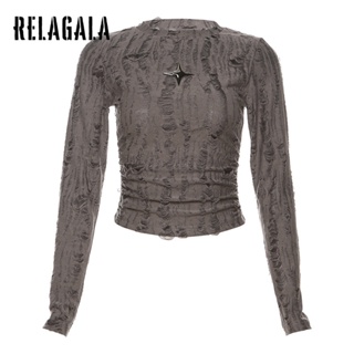 Relagala ใหม่ เสื้อยืดลําลอง แขนยาว คอกลม เข้ารูป สีพื้น แฟชั่นสําหรับสตรี 2023