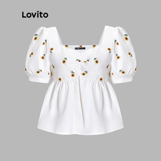 Lovito เสื้อเบลาส์ แขนพอง ลายดอกไม้ สไตล์โบโฮ สำหรับผู้หญิง L54ED018 (สีขาว)