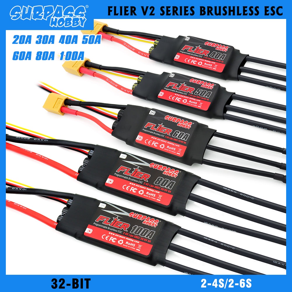 Surpass HOBBY ตัวควบคุมความเร็ว ESC ไร้แปรงถ่าน 20A 30A 40A 50A 60A 80A 100A 2-6S พร้อมสวิตช์ BEC