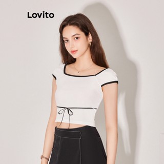 Lovito เสื้อยืดลำลอง ผูกเชือก คอนทราสท์ไบดิ้ง สีพื้น สำหรับผู้หญิง L59ED034 (สีขาว)