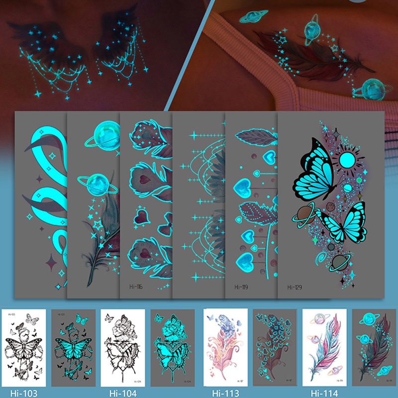 สติกเกอร์รอยสักเรืองแสงสีฟ้ากันน้ําข้อมือสติกเกอร์ปลอมสําหรับร่างกายศิลปะผู้หญิงผู้ชายไนท์คลับบาร์เทศกาลดนตรีพรรค