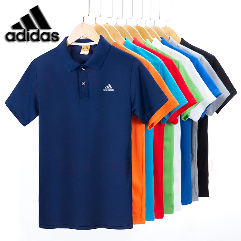 Adidasเสื้อโปโลแขนสั้น ผ้าเรยอน โพลีเอสเตอร์ 100% แห้งเร็ว สีพื้น สําหรับผู้ชาย และผู้หญิง