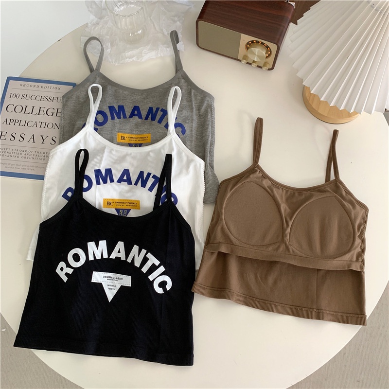 Girlybra สายเดี่ยว เสื้อกล้าม สายเล็ก อักษร ROMANTIC มีฟองน้ำในตัว ใส่สบาย เสื้อผ้า แฟชั่น ผู้หญิง