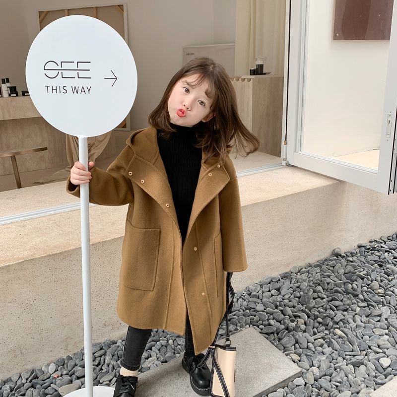 เสื้อโค้ท ผ้าขนสัตว์ มีฮู้ด สไตล์เกาหลี แฟชั่นฤดูใบไม้ร่วง และฤดูหนาว สําหรับเด็กผู้หญิง 2023