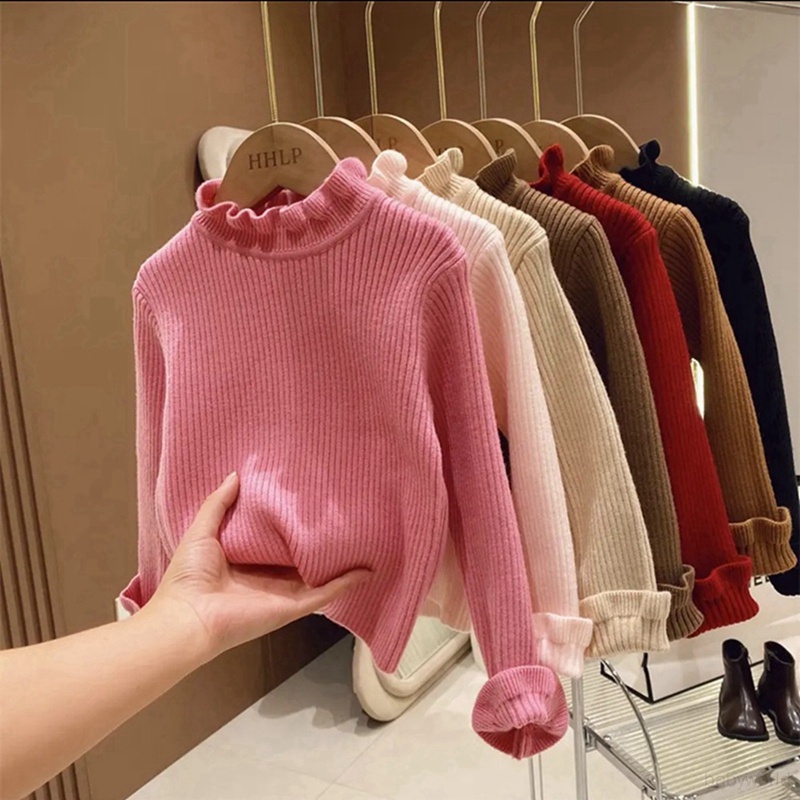 เสื้อกันหนาวแขนยาว คอกลม ผ้าถัก สีพื้น สไตล์เกาหลี สําหรับเด็กผู้หญิง