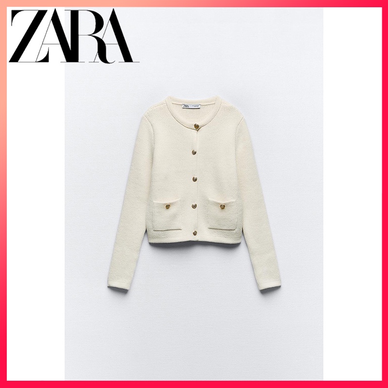 Zara ใหม่ เสื้อแจ็กเก็ตถัก กระดุมทอง ฤดูใบไม้ร่วง สําหรับผู้หญิง