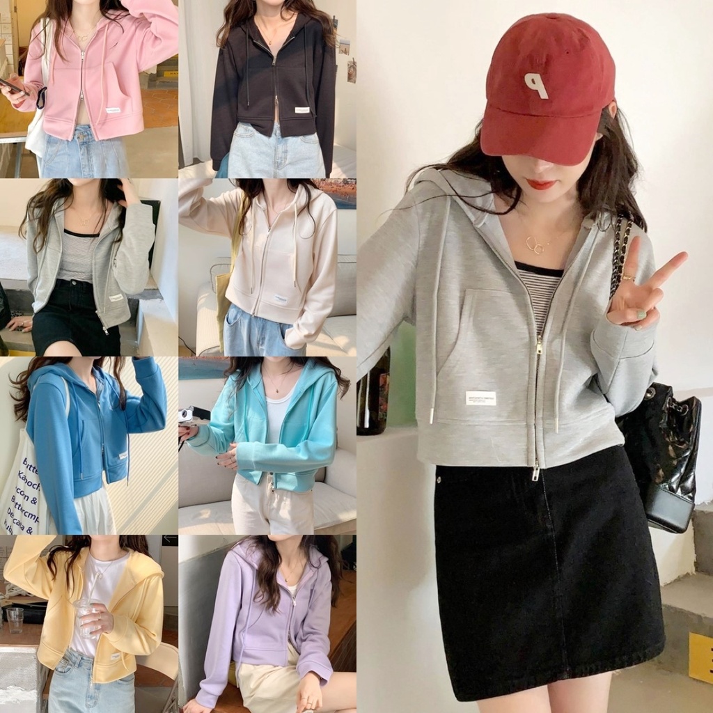 ราคาถูกที่สุด แจ็คเก็ตฮู๊ดแขนยาว ตัวสั้น 8 สี ซิปหน้ารูดได้บนล่าง สีน่ารักมาก