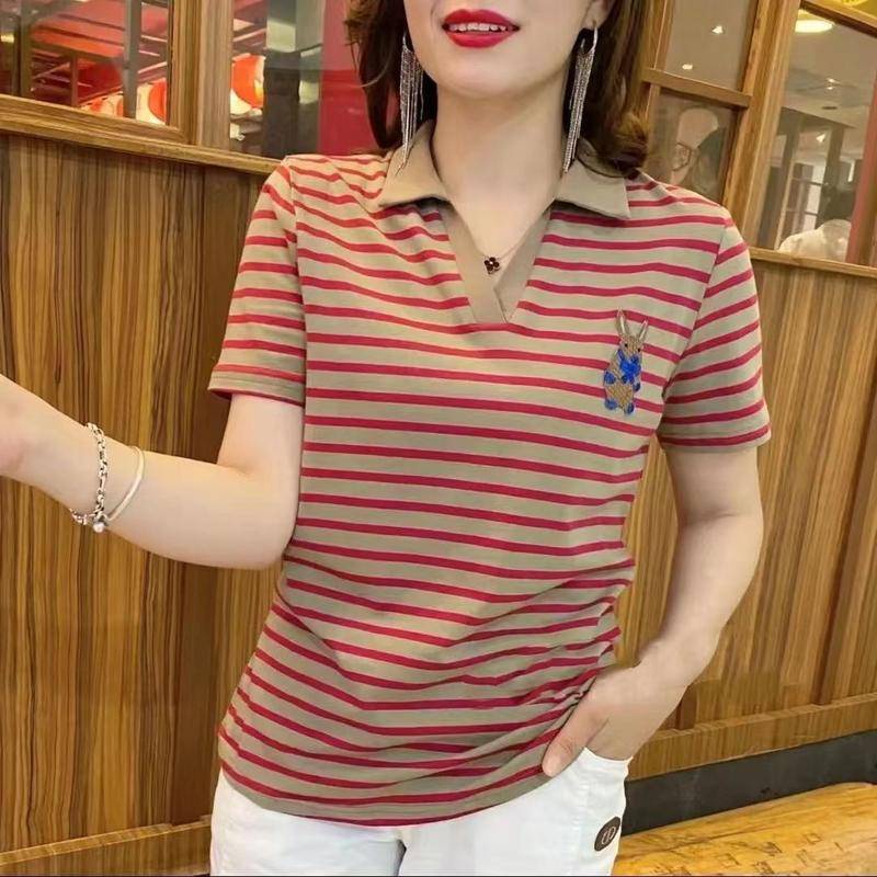 เสื้อโปโล แขนสั้น คอวี ลายทาง แฟชั่นฤดูใบไม้ร่วง สําหรับผู้หญิง