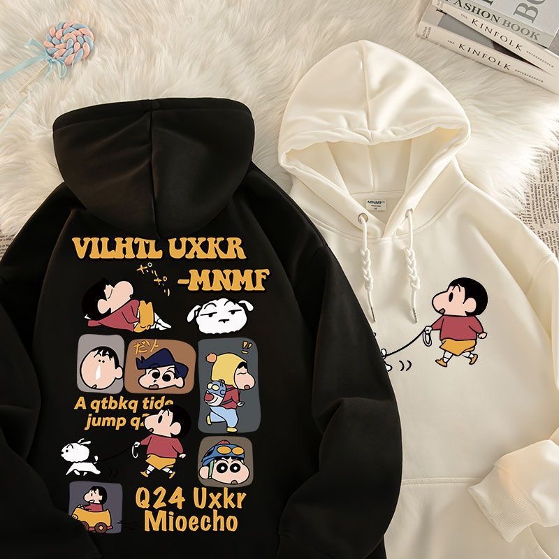 เสื้อกันหนาวแขนยาว ผ้ากํามะหยี่ แบบหนา พิมพ์ลายการ์ตูนชินจัง ตัวอักษร ขนาดใหญ่ แบบเรียบง่าย สําหรับผู้ชาย และผู้หญิง ไซซ์ M - 3XL