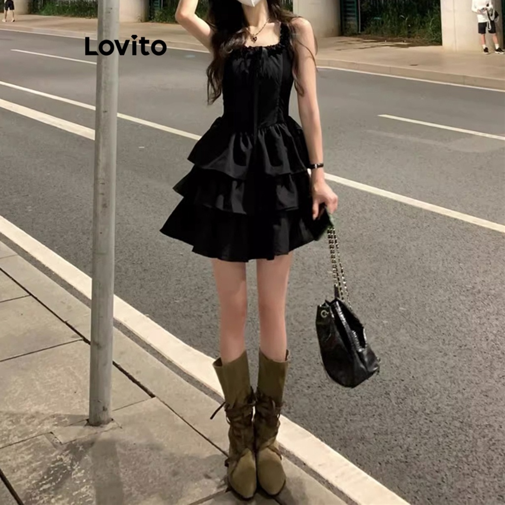 Lovito เดรสผู้หญิง ระบายหลายชั้น แต่งโบว์หน้า ชายมีระบาย สีพื้น สไตล์ลำลอง LNE34158 (สีดำ)