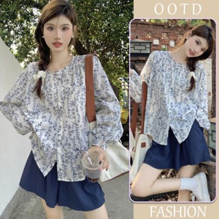 mimi&didi เสื้อเชิ้ตแขนยาวลายดอกไม้ผู้หญิง เสื้อแขนโคมไฟ น่า…