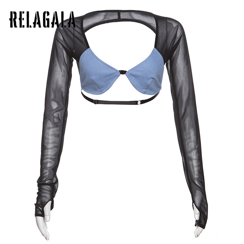 Relagala ใหม่ เสื้อยืดลําลอง แขนยาว คอวี ผ้าตาข่าย ติดกระดุม แฟชั่นสําหรับสตรี 2023