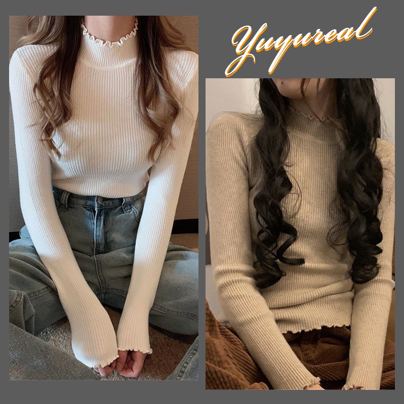 เสื้อกันหนาว คอเต่า ผ้าถัก ทรงสลิมฟิต แต่งลูกไม้ สีดํา