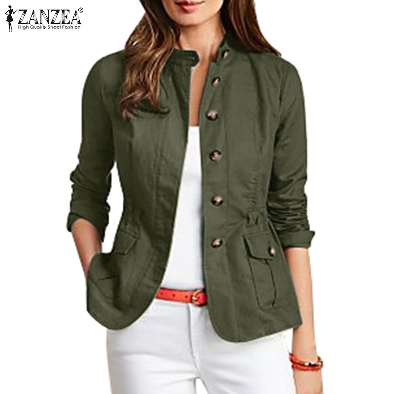 Zanzea เสื้อแจ็กเก็ต คอปกตั้ง ถอดออกได้ สไตล์วินเทจ สําหรับผู้หญิง