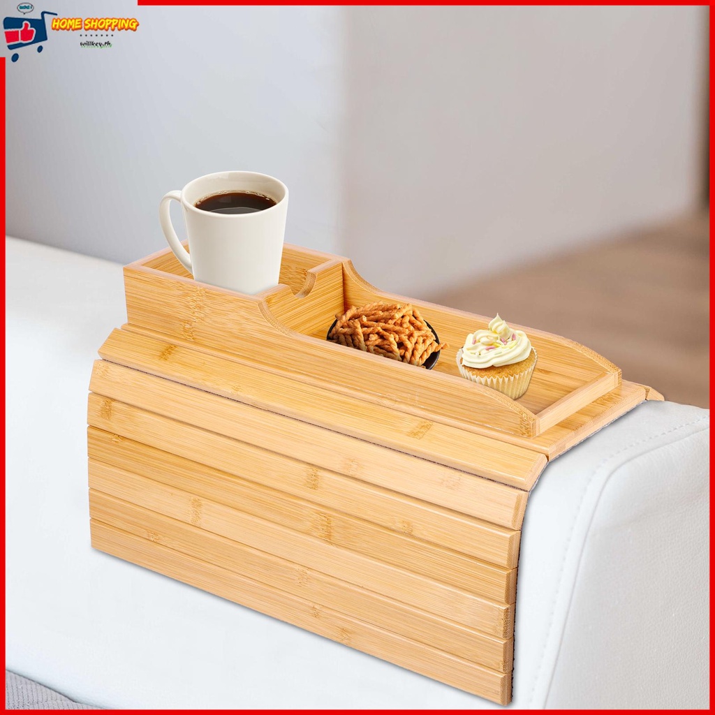 ถาดไม้ไผ่ธรรมชาติ กันลื่น พับได้ สําหรับวางแก้วน้ํา แขนโซฟา