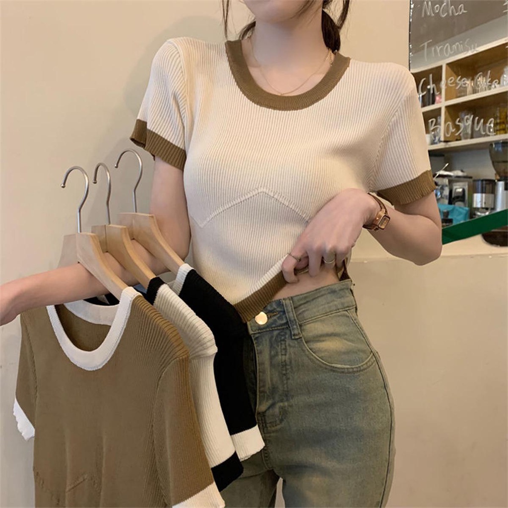 👚Anna👚 0990❤️เสื้อยืดลําลอง คอกลม แขนสั้น บล็อกสี สไตล์เกาหลี สําหรับผู้หญิง ผ้าบางใส่สบาย สีพาสเทลน่ารักมาก