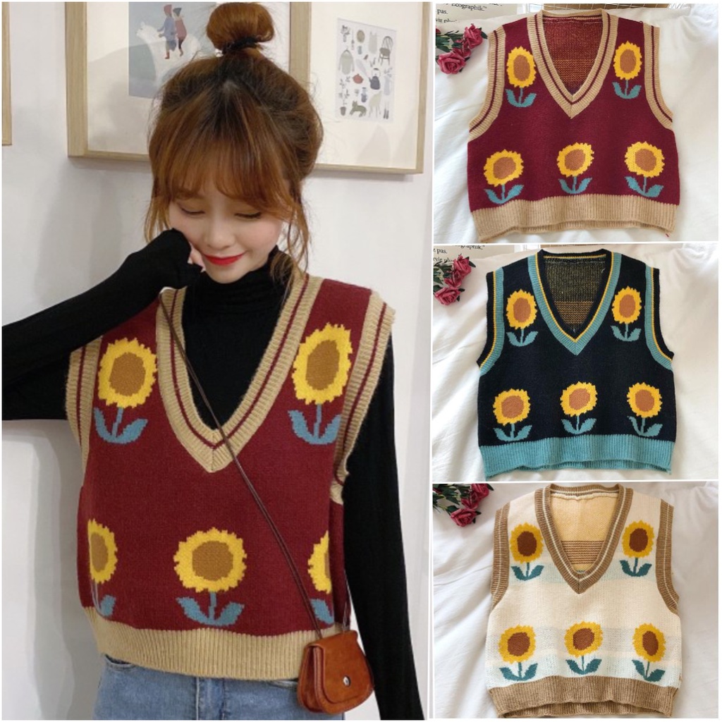 พร้อมส่ง เสื้อไหมพรมแขนสั้น ลายดอกทานตะวัน คอวี แขนกว้าง