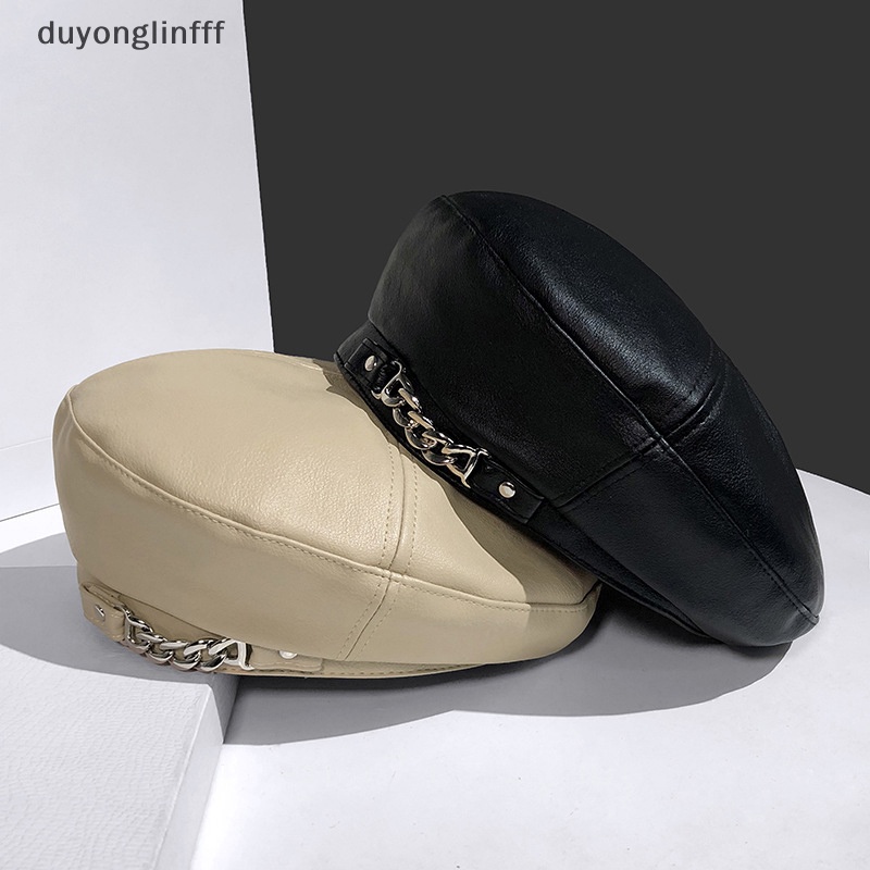 (duyonglinfff) หมวกเบเร่ต์หนัง โซ่โลหะ ทรงแปดเหลี่ยม สไตล์วินเทจ สีพื้น แฟชั่นใหม่ สําหรับผู้หญิง