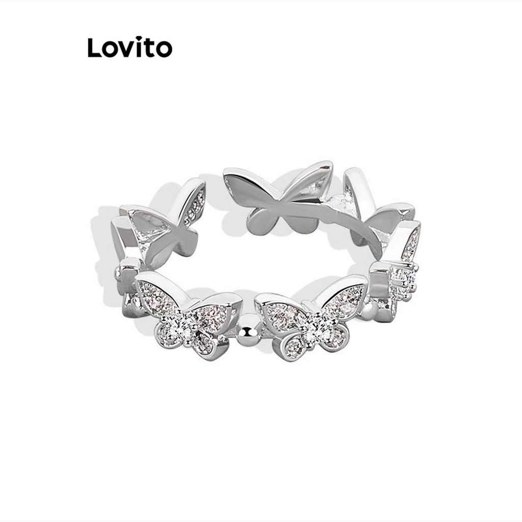 Lovito แหวนผู้หญิง แบบเปิด ลายผีเสื้อ แต่งเพชร สไตล์ลำลอง LFA08559 (สีเงิน)