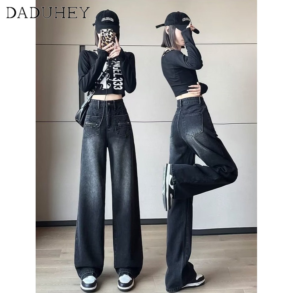 DaDuHey2026 Women's American-Style Retro Washed Straight Jeans Black and Gray New High Waist Fashion