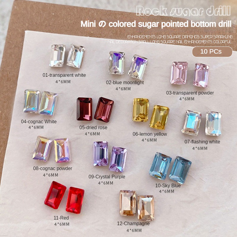 10 ชิ้นมินิสีคริสตัลสแควร์ชี้เล็บเพชรเครื่องประดับ / อุปกรณ์ตกแต่งเล็บทรงสี่เหลี่ยมมุมฉากทรงขนมร็อคขนาดเล็ก