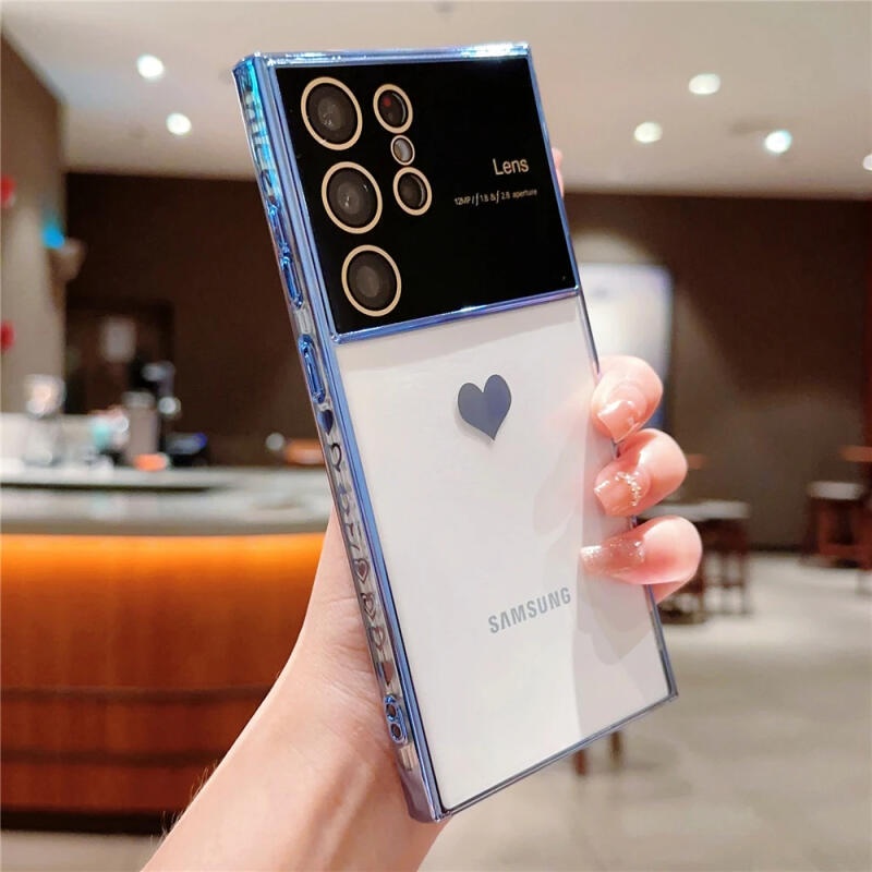 เคสโทรศัพท์มือถือแบบนิ่ม TPU ใส กันกระแทก กันรอยเลนส์กล้อง ลายหัวใจ ขนาดใหญ่ หรูหรา สําหรับ Samsung S24 S23 S22 Plus Ultra S23 FE Note20 Ultra