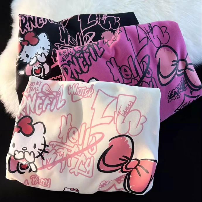 ฤดูหนาวใหม่อเมริกันน่ารักการ์ตูนhello Kitty Graffitiสไตล์แขนยาวHoodieผู้หญิงหลวมเสื้อกันหนาวRetro Casualเสื้อกันหนาว
