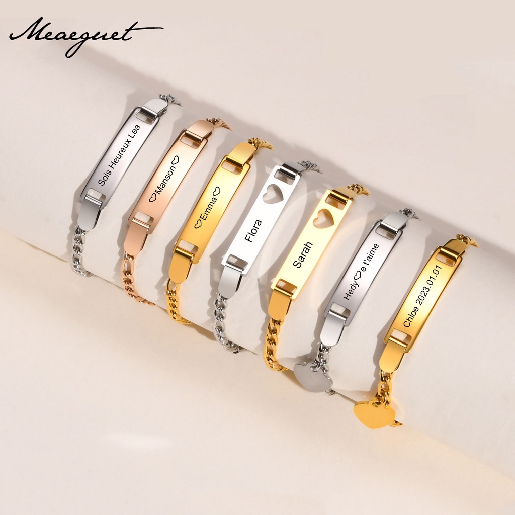 Meaeguet สร้อยข้อมือ สเตนเลส ลายตัวอักษร ID แกะสลักชื่อได้ ฟรีของขวัญ สําหรับเด็กผู้หญิง วัยหัดเดิน