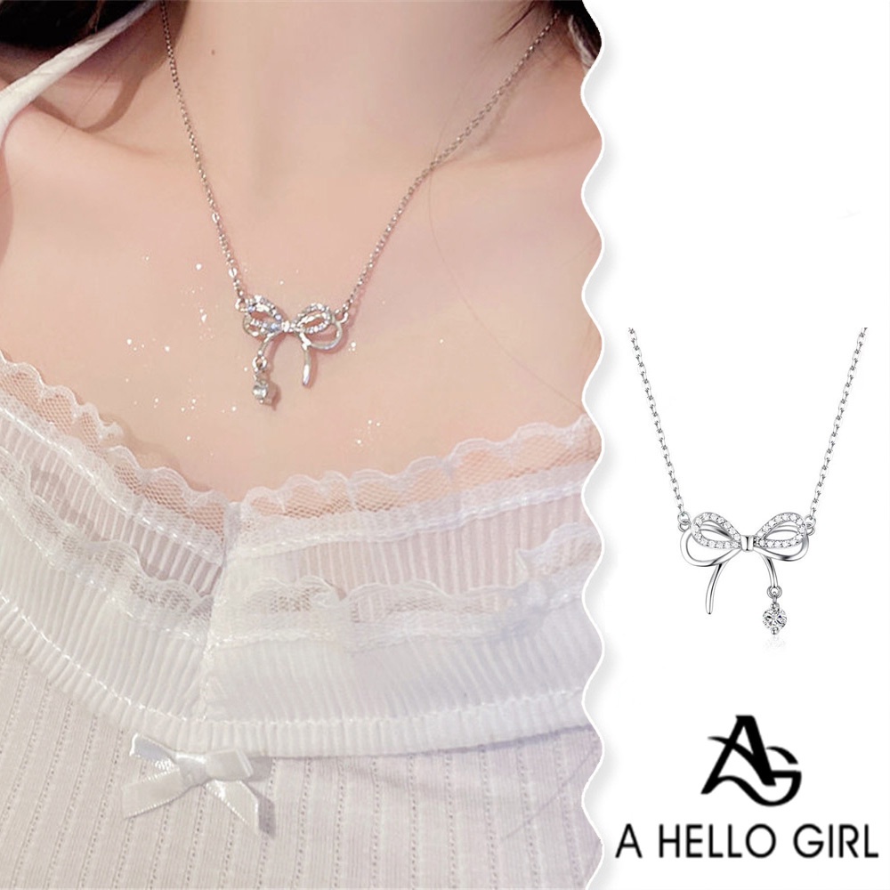 A HELLO GIRL สร้อยคอโซ่ จี้โบว์ ประดับเพชรน่ารัก แฟชั่นเรียบง่าย สไตล์เกาหลี สําหรับผู้หญิง