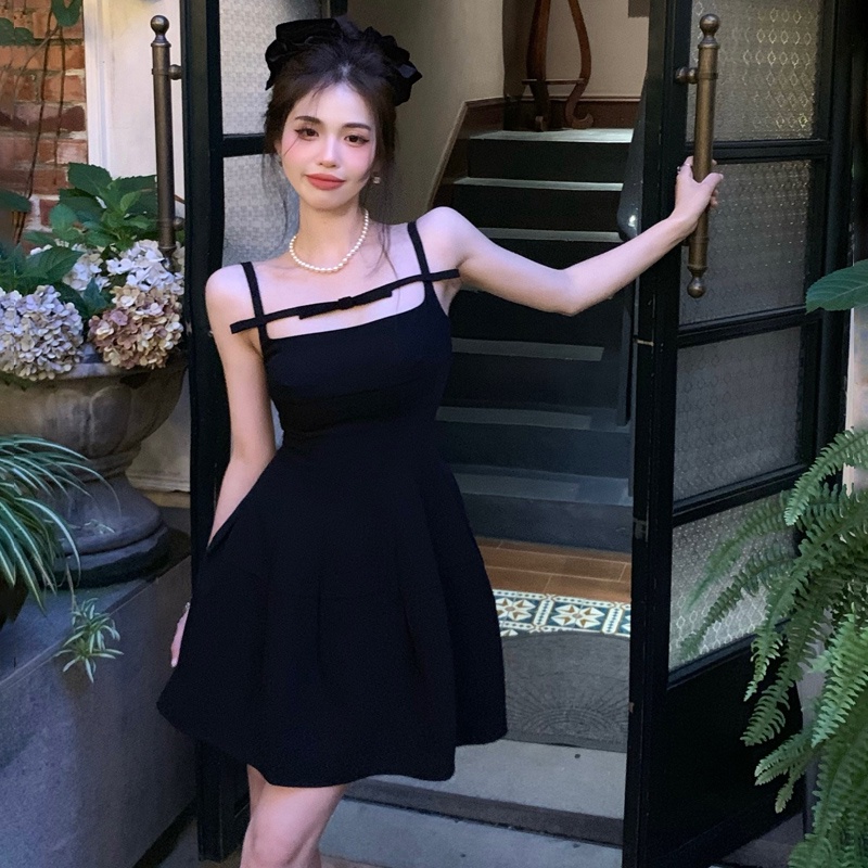 Yoyo~ ชุดเดรสยาว แขนกุด ประดับโบว์ สีดํา สไตล์เกาหลี สําหรับสตรี งานเลี้ยงอาหารค่ํา