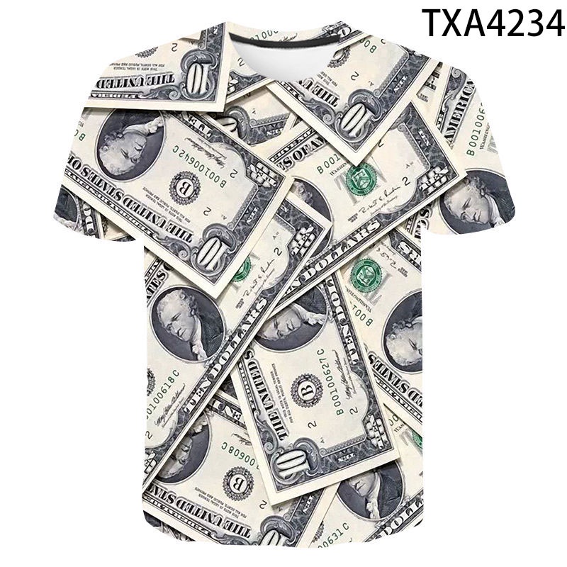เสื้อยืดลําลอง แขนสั้น คอกลม พิมพ์ลายกราฟฟิคเงินดอลลาร์ 3D แฟชั่นฤดูร้อน สําหรับผู้ชาย