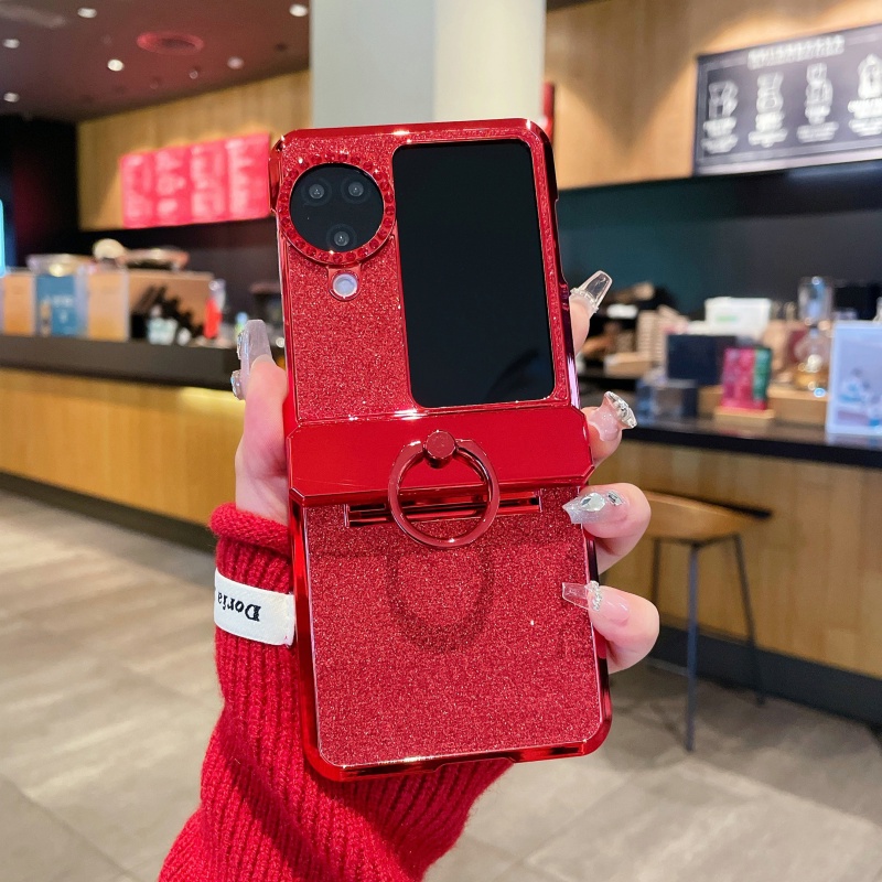 เคสโทรศัพท์มือถือ ป้องกันกระแทก แบบฝาพับ ประดับกลิตเตอร์ สีแดง สําหรับ OPPO Find N2 Find N3