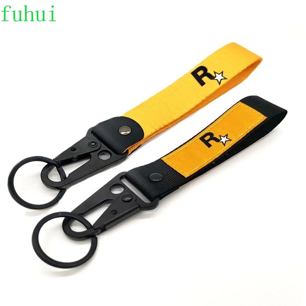 Fuhui GTA5 พวงกุญแจเชือกไนล่อน จี้โลโก้ RockStar JDM สีเหลือง สําหรับตกแต่งภายในรถยนต์