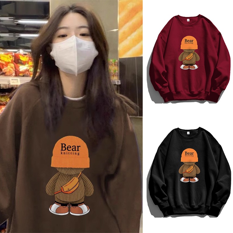 เสื้อกันหนาวแขนยาว คอกลม ทรงหลวม ลายตุ๊กตาหมี สไตล์เกาหลี เรโทร สําหรับผู้หญิง