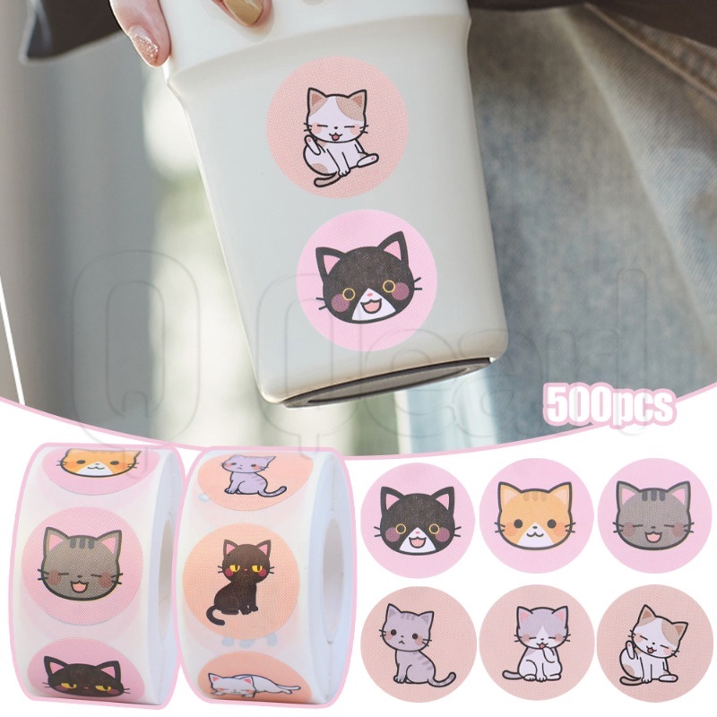 สติกเกอร์ซีล ลายการ์ตูนแมวน่ารัก 500 ชิ้น ต่อม้วน