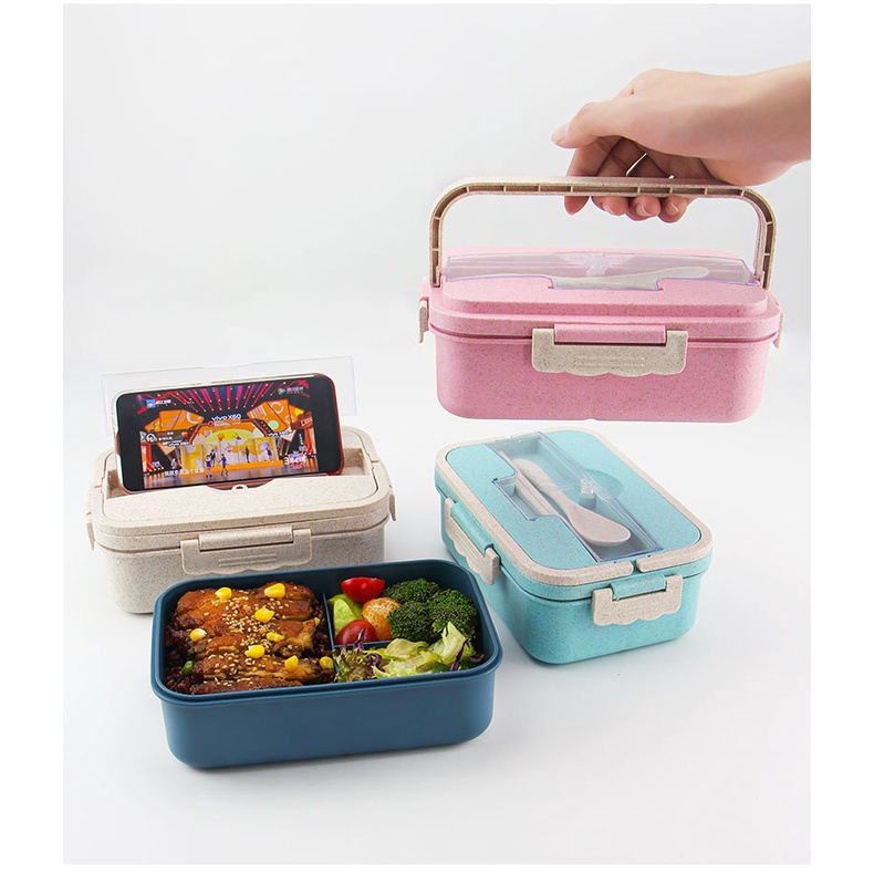 กล่องข้าว กล่องข้าวไมโครเวฟ กล่องใส่อาหาร ​พร้อมอุปกรณ์ช้อนตะเกียบสแฟางข้าว กล่องข้าวฟางข้าวสาลี 3 ช่องแบ่ - รูปที่ 4