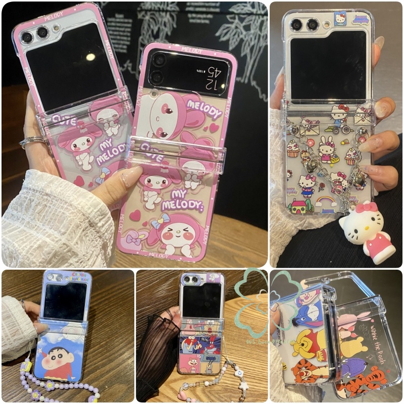 การ์ตูนทาสีสร้อยข้อมือจี้เคสใส Samsung Galaxy Z Flip 6 Z Flip 4 Z Flip 5 Z Flip 3 บานพับป้องกันปลอกพร้อมสายรัดใสกันกระแทก Hard PC ฝาหลัง