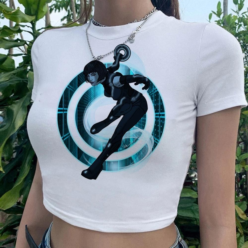 Tron cyber y2k yk2 เสื้อครอปสาวควายความงาม Kawaii cyber y2k ครอป