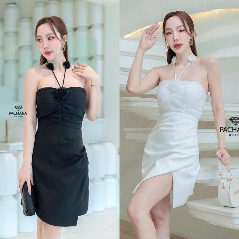 Mom.ss (พร้อมส่ง) เดรสเกาะอก แต่งสายคล้องคอ ติดดอกไม้  PACHARA12 13   M.shop