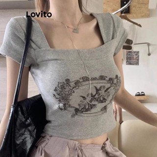 Lovito เสื้อยืดลําลอง ลายการ์ตูน สําหรับผู้หญิง LNE21159 (สีเทา)