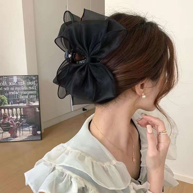สีดําสองด้านโบว์ปมคลิปใหญ่แฟชั่นตาข่ายผมกรงเล็บคลิปอุปกรณ์ผมสําหรับผู้หญิง