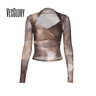 Vesglory เสื้อครอปท็อปแขนยาว คอกลม พิมพ์ลาย สีตัดกัน แฟชั่นสําหรับสตรี 2023