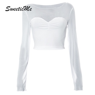 Sweeticme ใหม่ เสื้อยืดซีทรู แขนยาว คอกลม ผ้าตาข่าย สีพื้น เซ็กซี่ แฟชั่นสําหรับผู้หญิง 2023