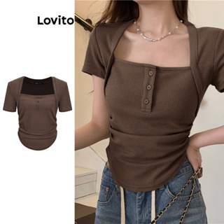 Lovito เสื้อยืด ผ้ามีเทกเจอร์ คอเหลี่ยม จับจีบ สีพื้น สไตล์ลำลอง สำหรับผู้หญิง L58AD014 (สีน้ำตาล)