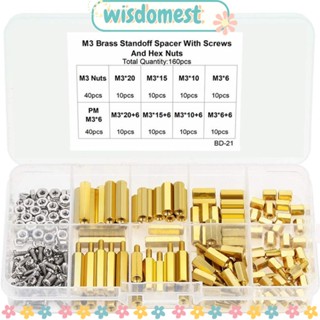 Wisdomest ชุดน็อตสกรู สเปเซอร์ หกเหลี่ยม ตัวผู้ ตัวเมีย ทองเหลือง PCB M3 สีทอง DIY 160 ชิ้น