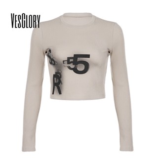 Vesglory เสื้อครอปท็อป แขนยาว คอกลม พิมพ์ลาย สีพื้น ทรงสลิมฟิต แฟชั่นสําหรับผู้หญิง 2023