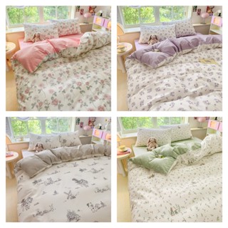 4 IN 1 ชุดเครื่องนอน ผ้าปูที่นอน ผ้าฝ้าย 100% พิมพ์ลายดอกไม้ สีชมพู สําหรับเตียงคู่ ควีนไซซ์ คิงไซซ์