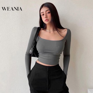 Weania เสื้อยืดลําลอง แขนยาว คอสี่เหลี่ยม แฟชั่นฤดูใบไม้ร่วง สําหรับผู้หญิง