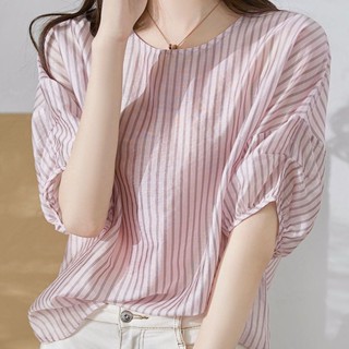 Luo เสื้อเชิ้ตแขนสั้น คอกลม ทรงหลวม ลายทาง สีชมพู สไตล์ยุโรป สําหรับผู้หญิง